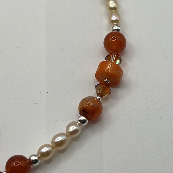 CORAL, FIRE AGATE, PEARL, CRYSTAL & STERLING SILVER ARTISAN CHOKER NECKLACE - Picture 11 of 11